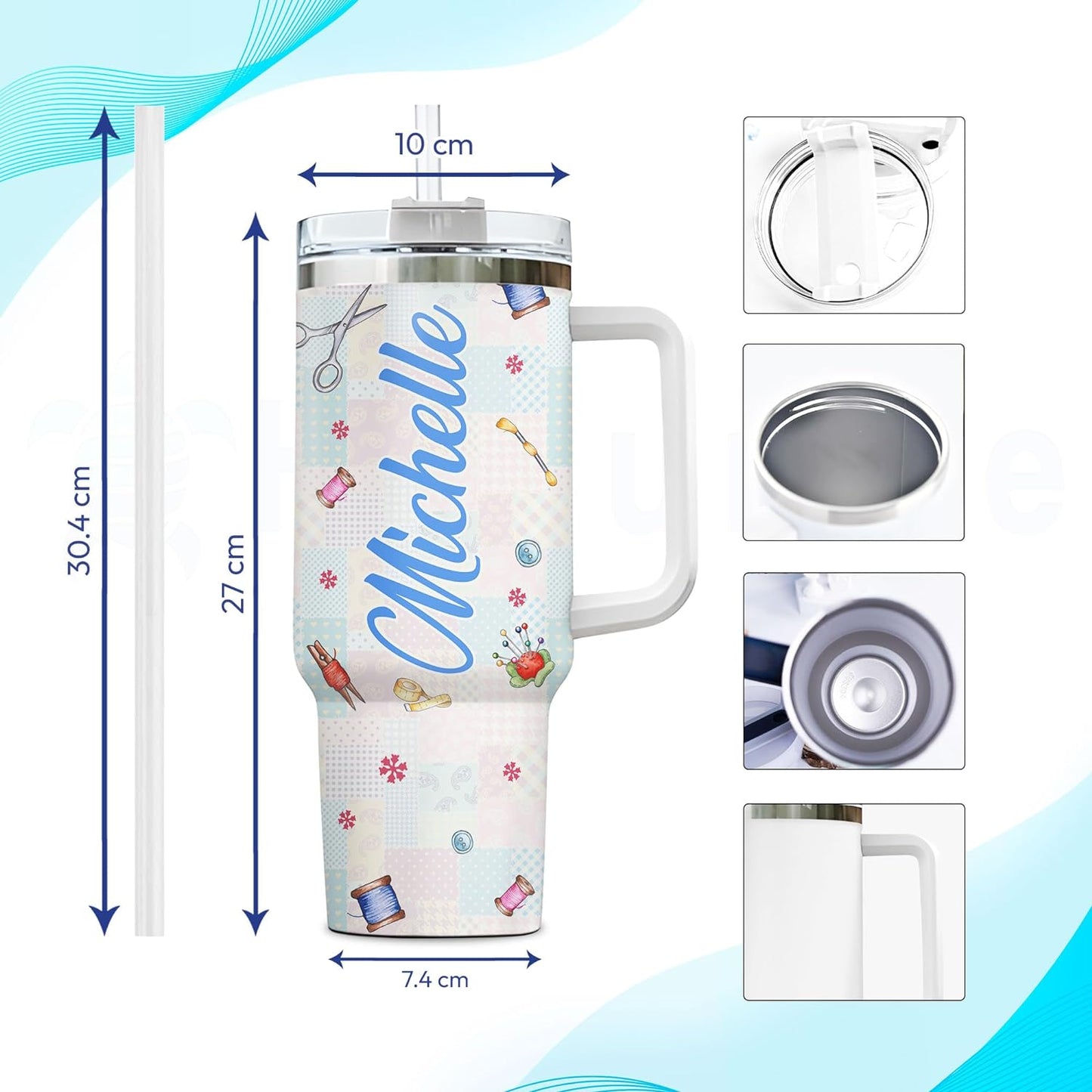 Quilting Patchwork Tumbler 40oz with Handle & Straw – Personalized Stainless Steel Insulated Travel Cup with Lid – Unique Gift for Quilters