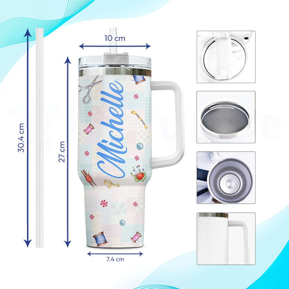 Quilting Patchwork Tumbler 40oz with Handle & Straw – Personalized Stainless Steel Insulated Travel Cup with Lid – Unique Gift for Quilters