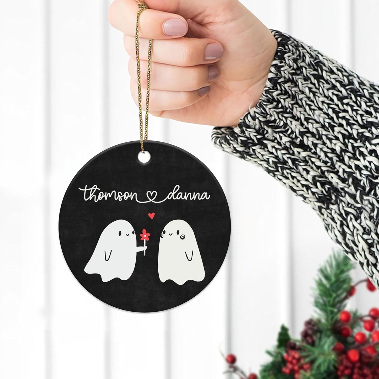 Cute Ghost Couple Black Ceramic Ornament – Personalized Custom Name Circle Keepsake, Funny Halloween or Anniversary Gift for Couples