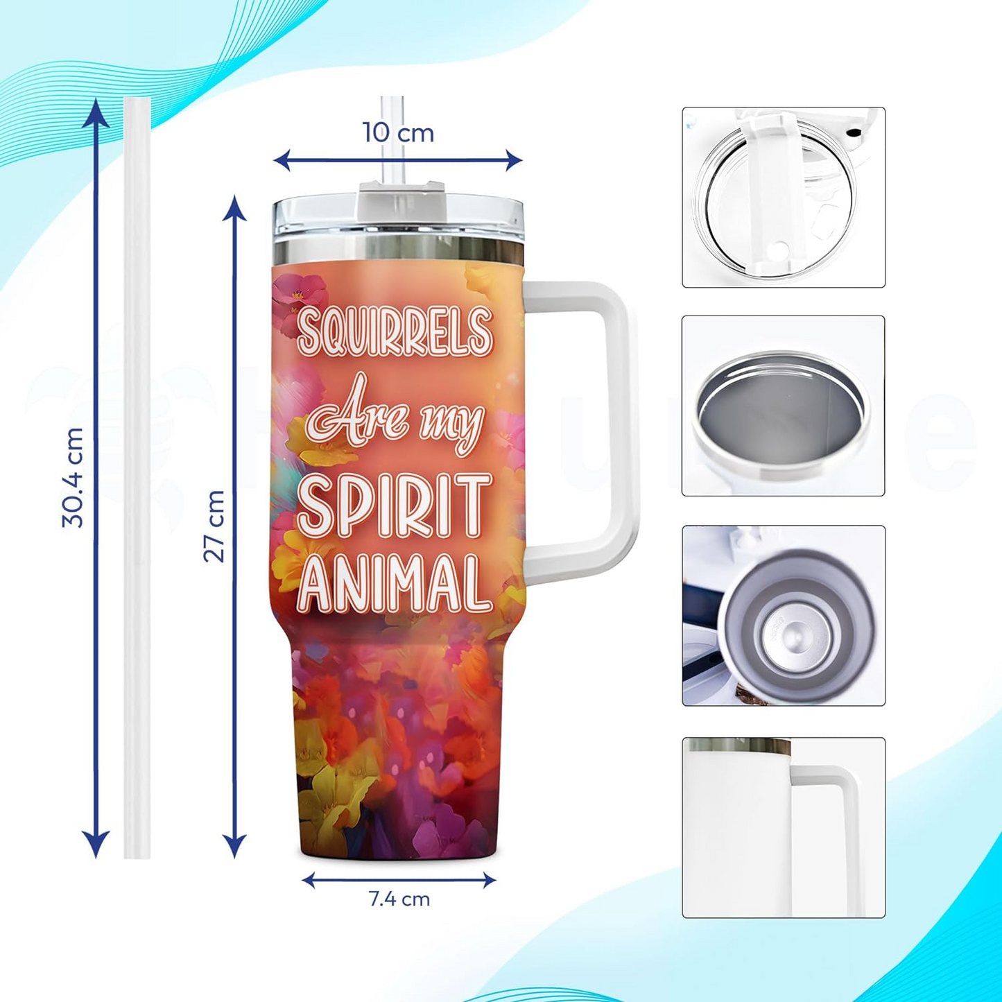 Colorful Squirrel Tumbler 40oz with Handle & Straw – Personalized Stainless Steel Cup with Lid – Cute Animal Gift for Women & Kids