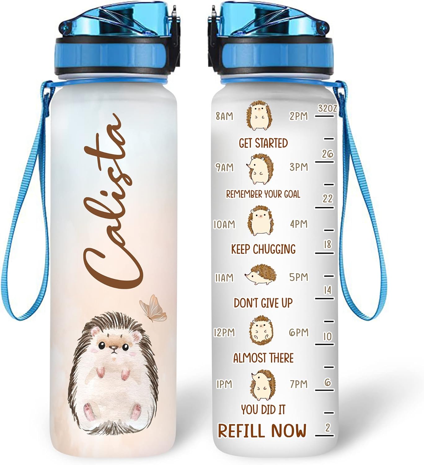 Hedgehog Water Bottle Tracker 32oz – Personalized Motivational Water Bottle with Time Marker – Cute Gift for Animal Lovers