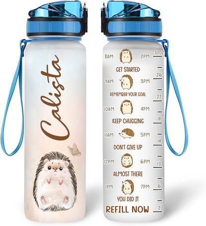 Hedgehog Water Bottle Tracker 32oz – Personalized Motivational Water Bottle with Time Marker – Cute Gift for Animal Lovers
