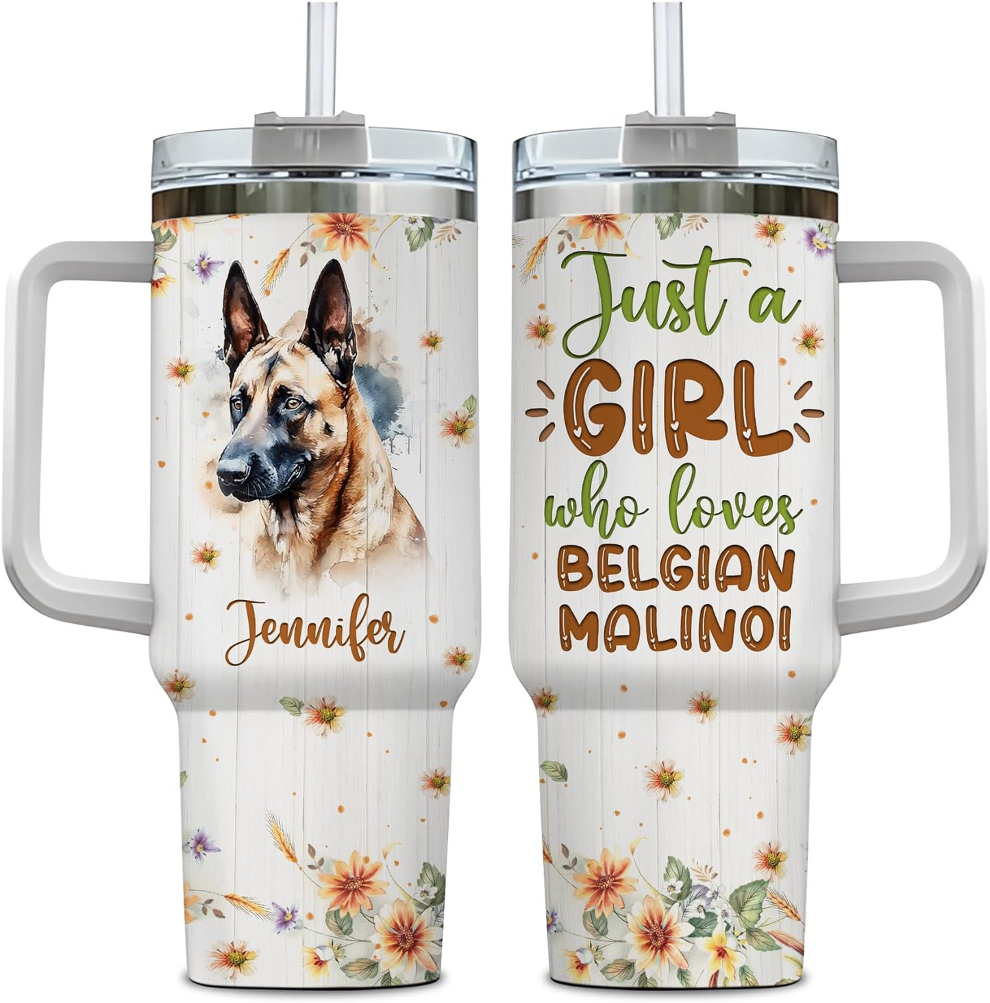 Belgian Malinois Lover Tumbler 40oz with Handle & Straw – Personalized Stainless Steel Insulated Cup with Lid – Gift for Dog Lovers
