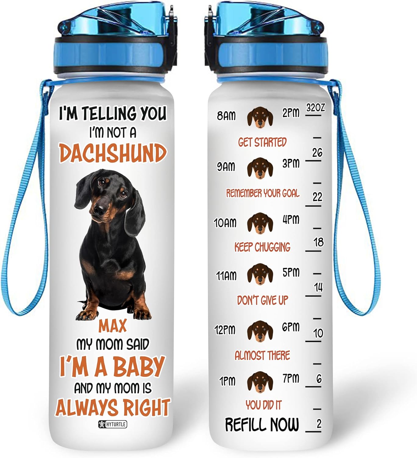Funny Dachshund Lovers Water Bottle Tracker 32oz – Personalized Hydration Bottle with Time Marker – Playful Gift for Dog Moms