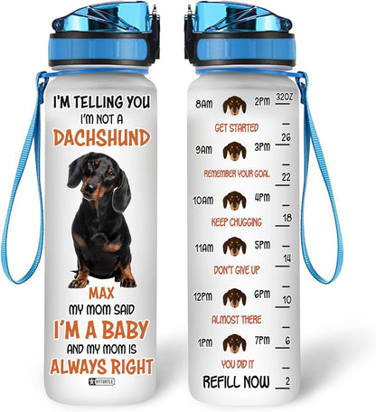 Funny Dachshund Lovers Water Bottle Tracker 32oz – Personalized Hydration Bottle with Time Marker – Playful Gift for Dog Moms