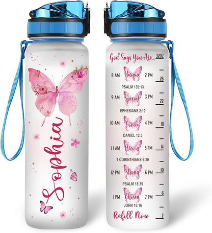 Christian Butterfly Water Bottle Tracker 32oz – Personalized Motivational Bottle with Time Marker – Inspirational Gift for Faith & Butterfly Lovers