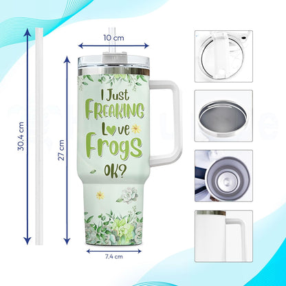 Floral Frog Tumbler 40oz with Handle & Straw – Personalized Stainless Steel Insulated Travel Cup with Lid – Fun Gift for Frog Lovers