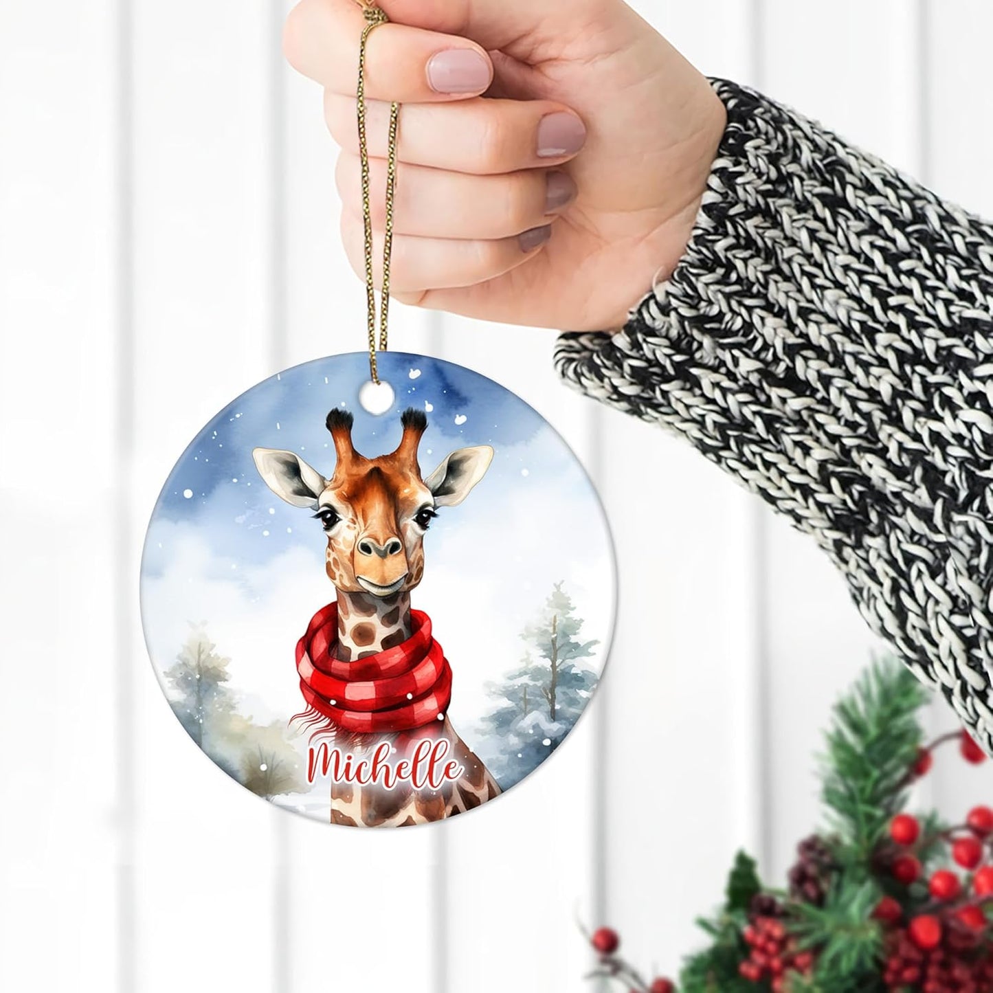 Giraffe in Scarf Winter Scene Ceramic Circle Ornament – Personalized Christmas Gift for Giraffe Lover, Animal Fan or Nature-Inspired Decor