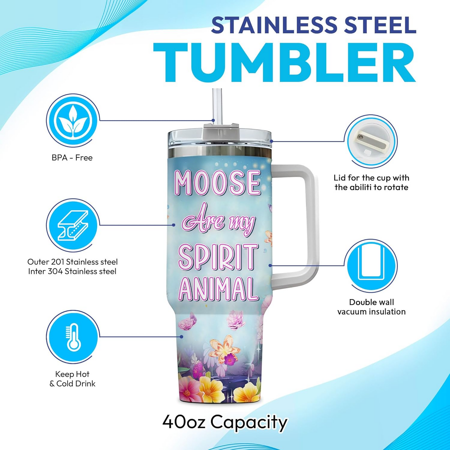 Moose Tumbler 40oz with Handle & Straw – Personalized Stainless Steel Cup with Lid – Cute Woodland Animal Gift for Women & Girls
