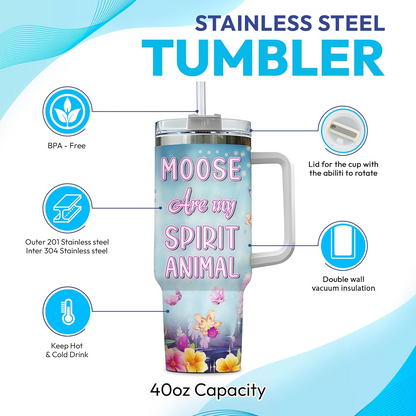 Moose Tumbler 40oz with Handle & Straw – Personalized Stainless Steel Cup with Lid – Cute Woodland Animal Gift for Women & Girls