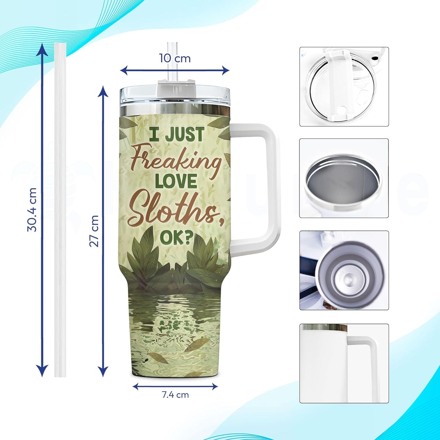Sloth Jungle Theme Tumbler 40oz with Handle & Straw – Personalized Stainless Steel Insulated Cup with Lid – Fun Gift for Sloth Lovers