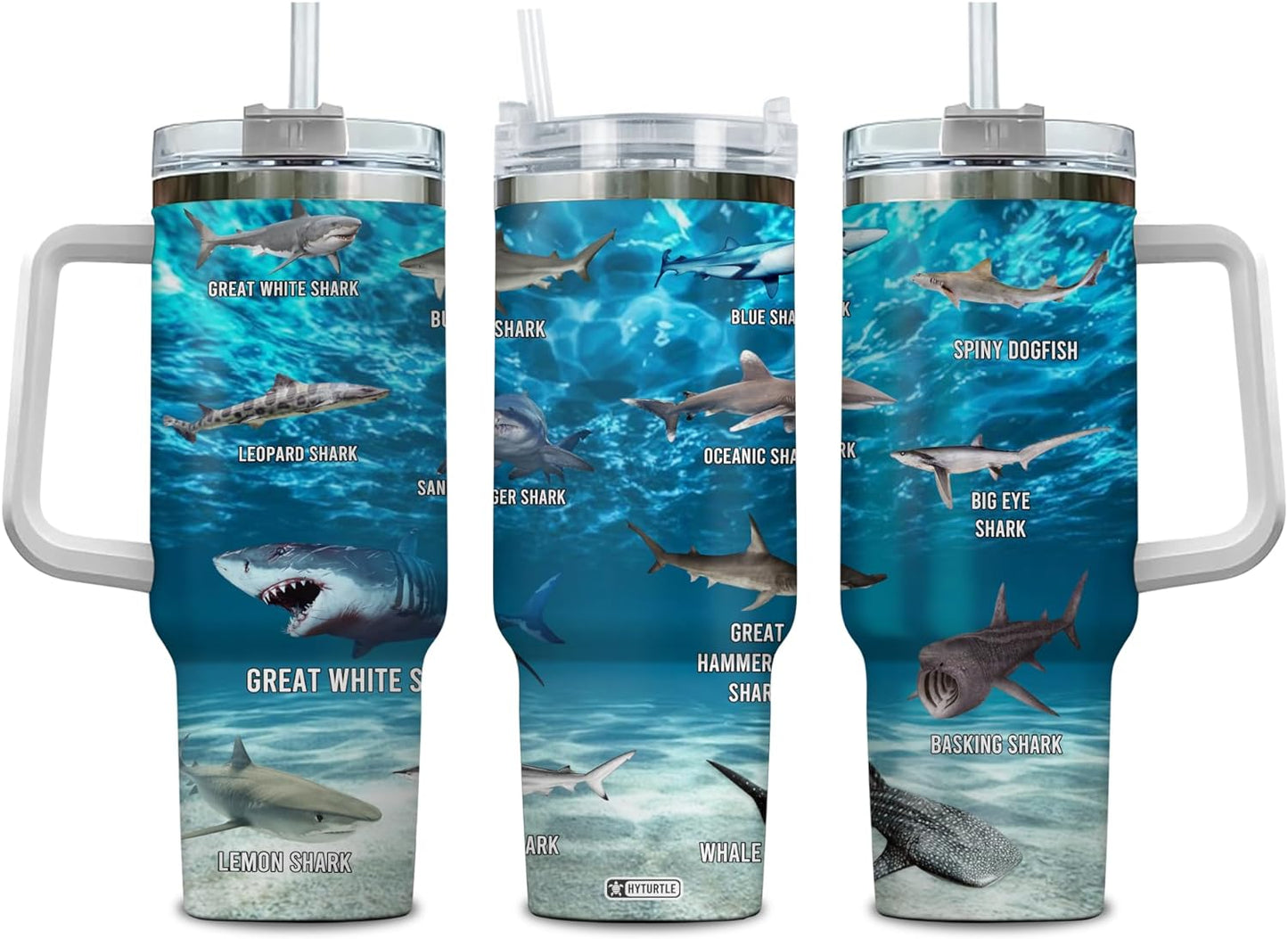 Shark Lover Tumbler 40oz with Handle & Straw – Personalized Stainless Steel Insulated Travel Cup with Lid – Sea Adventure Gift for Men & Kids