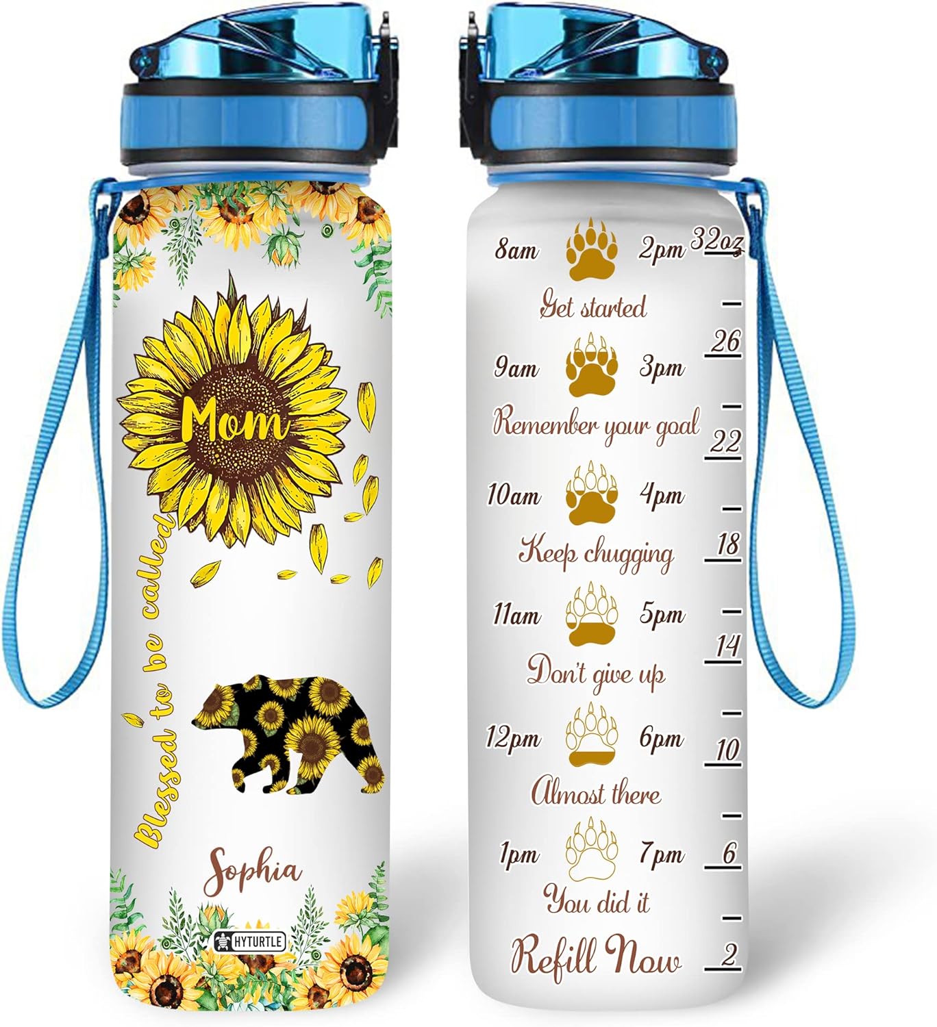 Blessed To Be Called Bear Sunflower - Personalized Water Tracker Bottle 32oz