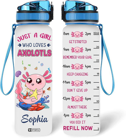 Just A Girl Who Loves Axolotls - Personalized Water Tracker Bottle 32oz