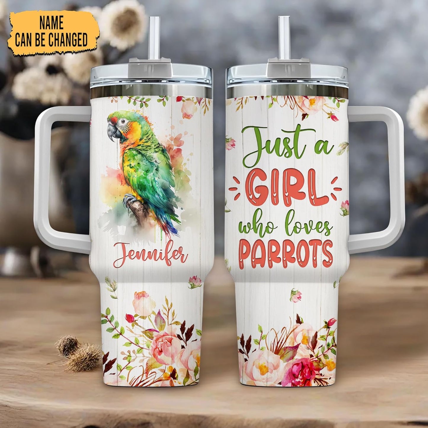 Parrot Lover Tumbler 40oz with Handle & Straw – Personalized Stainless Steel Travel Cup with Lid – Fun Gift for Tropical Bird Lovers