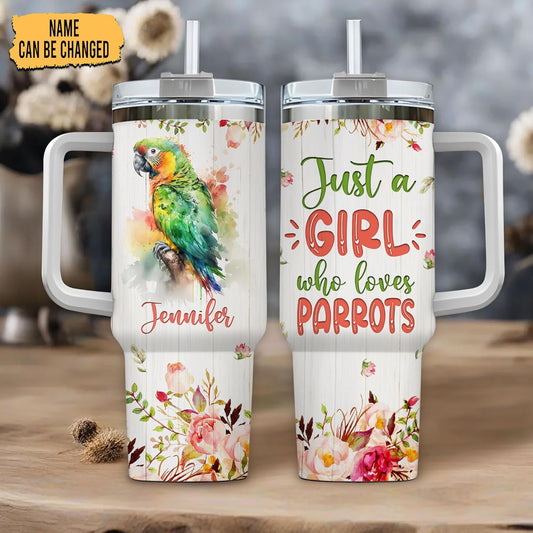 Parrot Lover Tumbler 40oz with Handle & Straw – Personalized Stainless Steel Travel Cup with Lid – Fun Gift for Tropical Bird Lovers