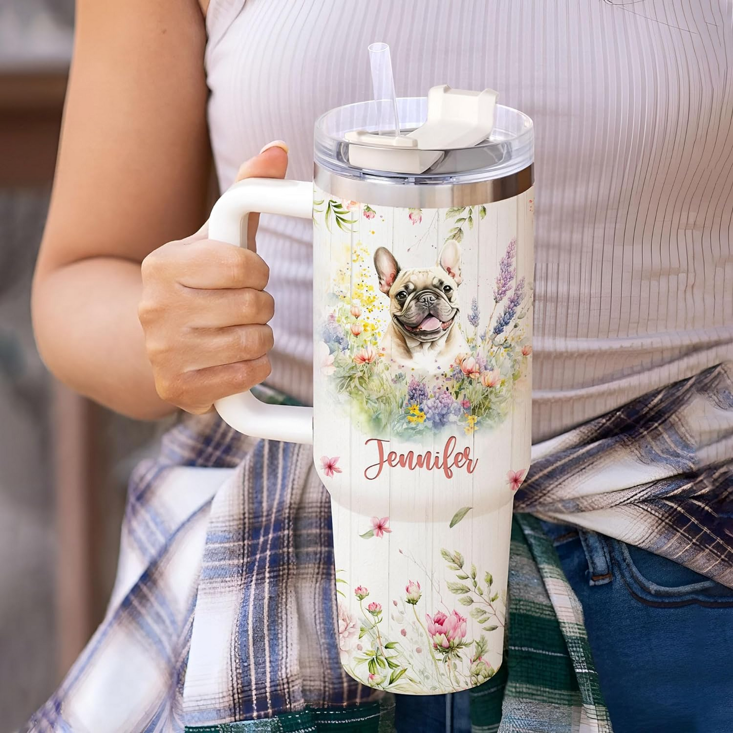 French Bulldog Lover Tumbler 40oz – Personalized Stainless Steel Insulated Cup with Handle & Straw, Pastel Floral Dog Design – Creative Gift for Women & Girls