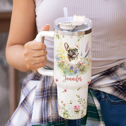 French Bulldog Lover Tumbler 40oz – Personalized Stainless Steel Insulated Cup with Handle & Straw, Pastel Floral Dog Design – Creative Gift for Women & Girls