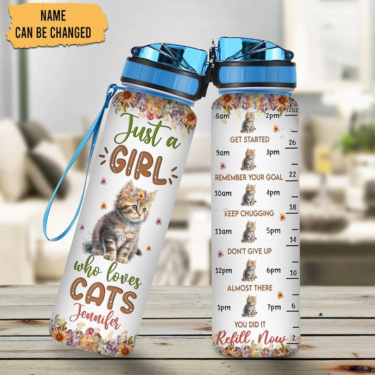 Cat Lover Water Bottle Tracker 32oz – Personalized Motivational Bottle with Time Marker – Cute Gift for Cat Moms & Girls