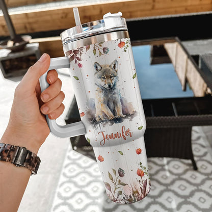 Wolf Lover Tumbler 40oz with Handle & Straw – Personalized Stainless Steel Insulated Travel Cup with Lid – Bold Gift for Wildlife Enthusiasts