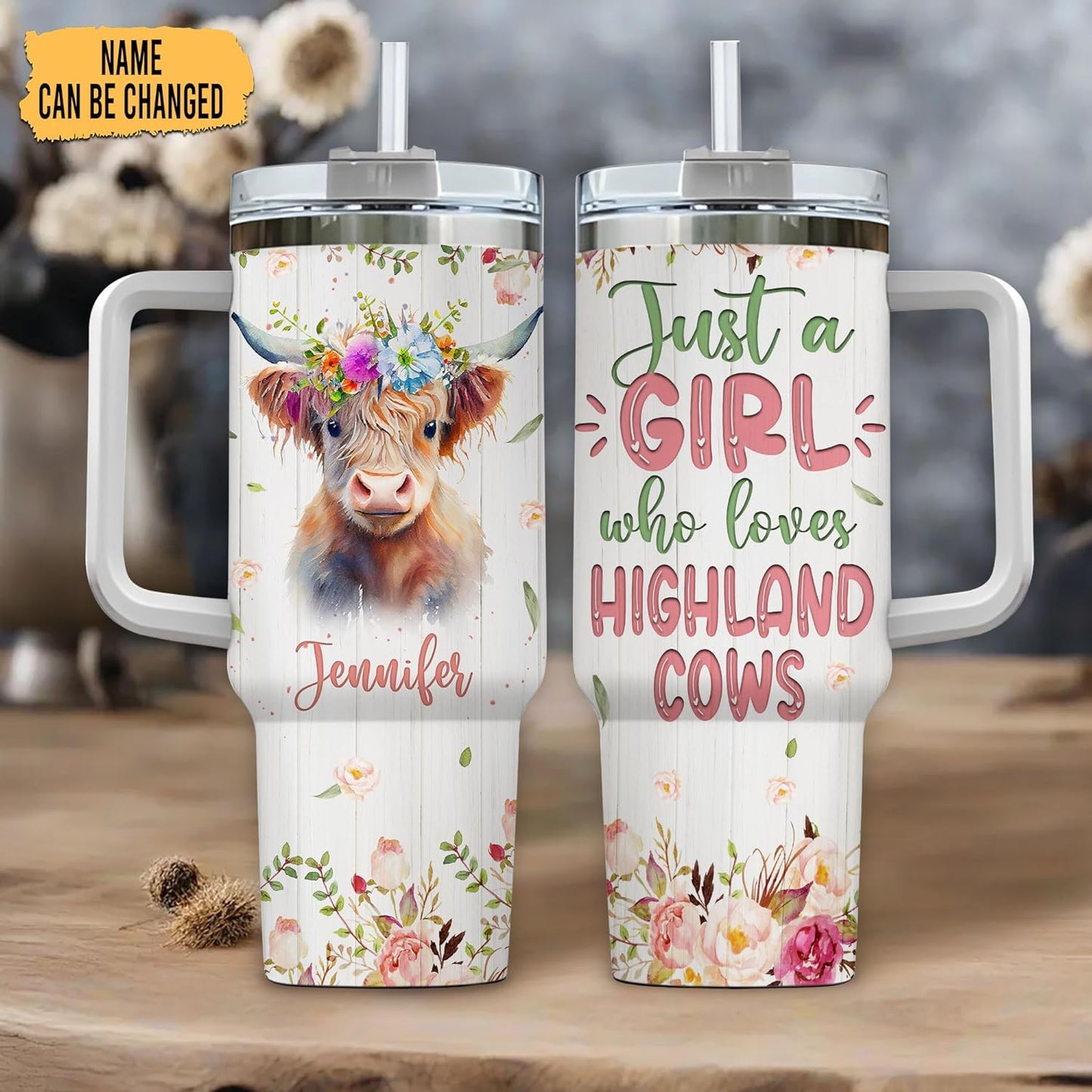 Highland Cow 40oz Tumbler with Handle & Straw – Personalized Stainless Steel Insulated Travel Cup with Lid – Unique Farm Animal Gift for Women