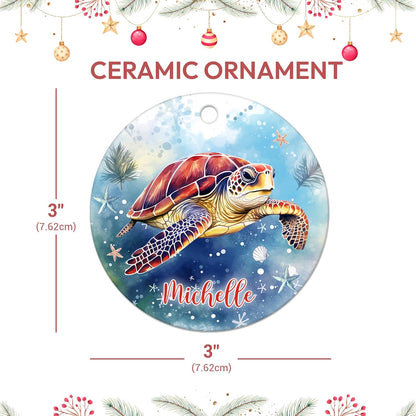 Sea Turtle Ocean Blue Ceramic Ornament – Personalized Custom Name Circle Keepsake, Christmas or Birthday Gift for Turtle Lover