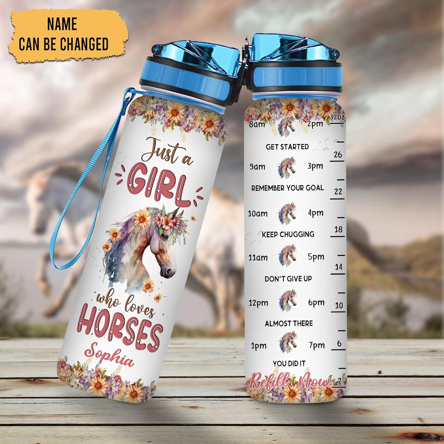 Horse Lovers Water Bottle Tracker 32oz – Personalized Motivational Bottle with Time Marker – Stylish Gift for Girls & Riders