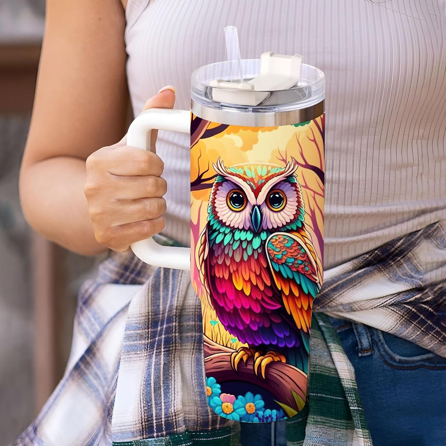 Colorful Owl Tumbler 40oz – Personalized Stainless Steel Insulated Travel Cup with Handle & Straw – Artistic Gift for Owl Lovers