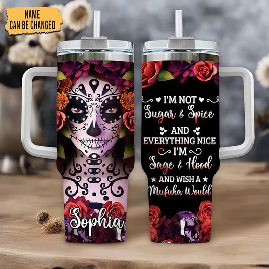 Sugar Skull Tumbler 40oz – Personalized Stainless Steel Insulated Cup with Handle & Straw, Leak-Proof Lid – Artistic Gothic Gift for Day of the Dead Lovers