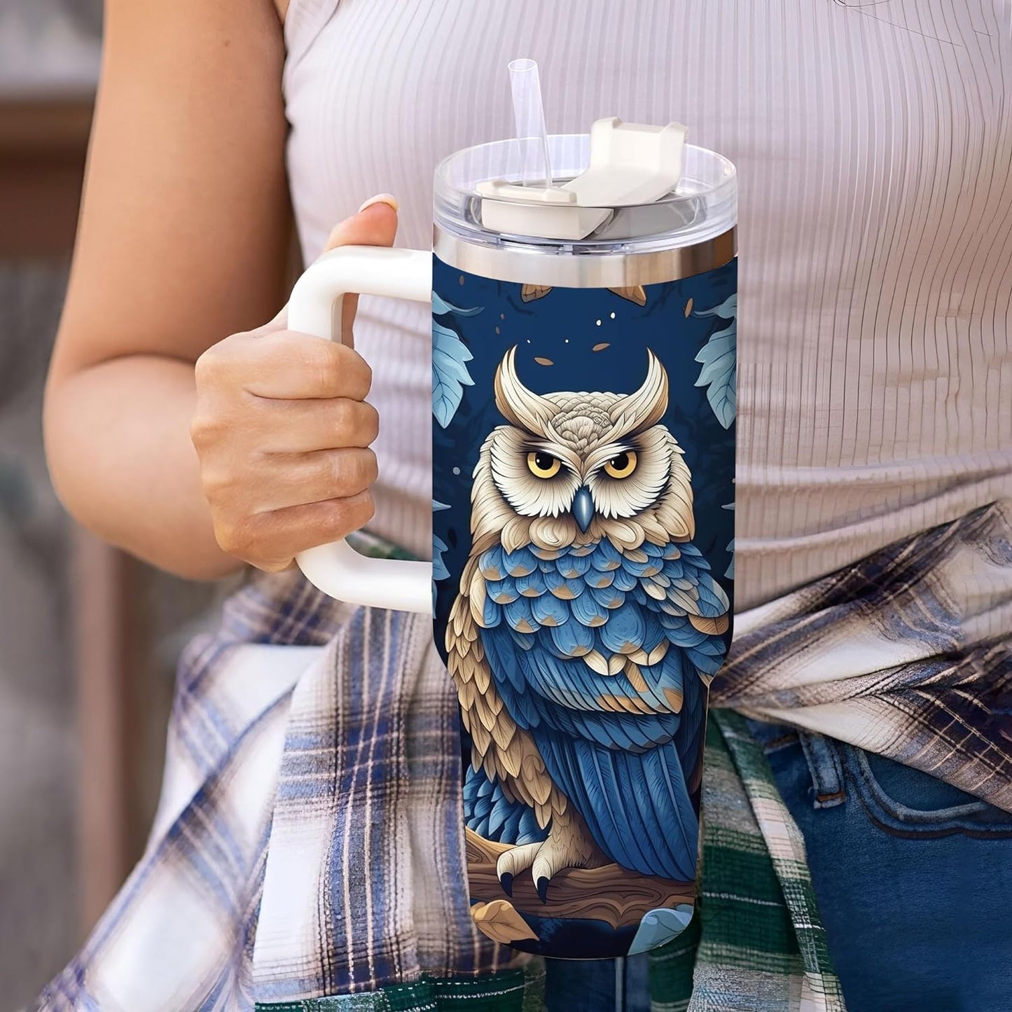 Elegant Owl Tumbler 40oz with Handle & Straw – Personalized Stainless Steel Insulated Travel Cup with Lid – Stylish Gift for Owl Lovers