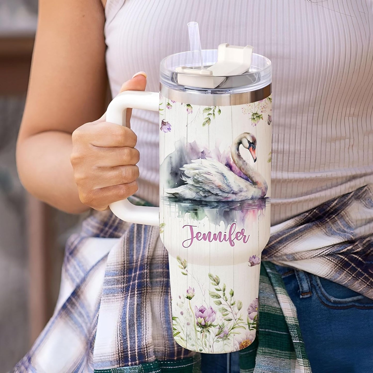 Swan Tumbler 40oz – Personalized Stainless Steel Insulated Travel Cup with Handle & Straw – Elegant Bird Coffee Mug Gift for Women