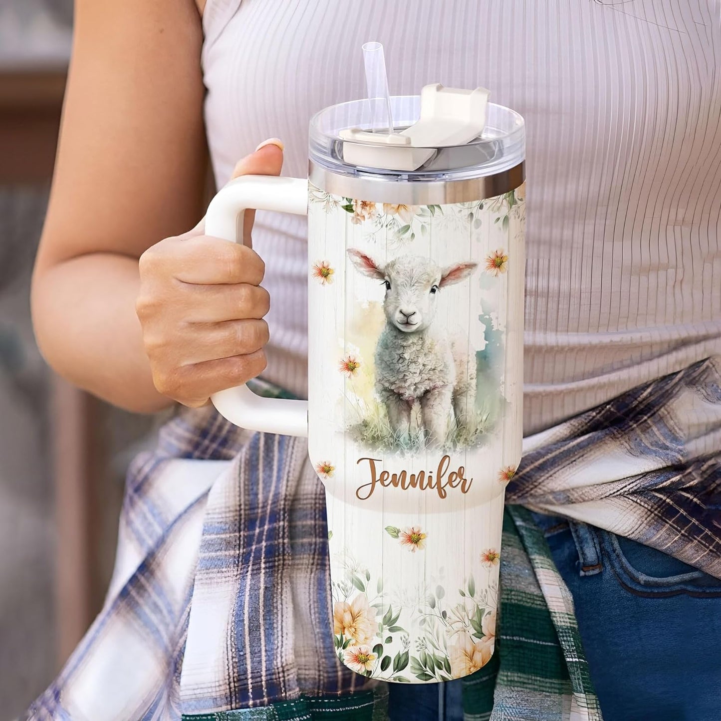 Lamb Pastel Floral Tumbler 40oz – Personalized Stainless Steel Insulated Cup with Handle & Straw – Sweet Gift for Lamb Lovers