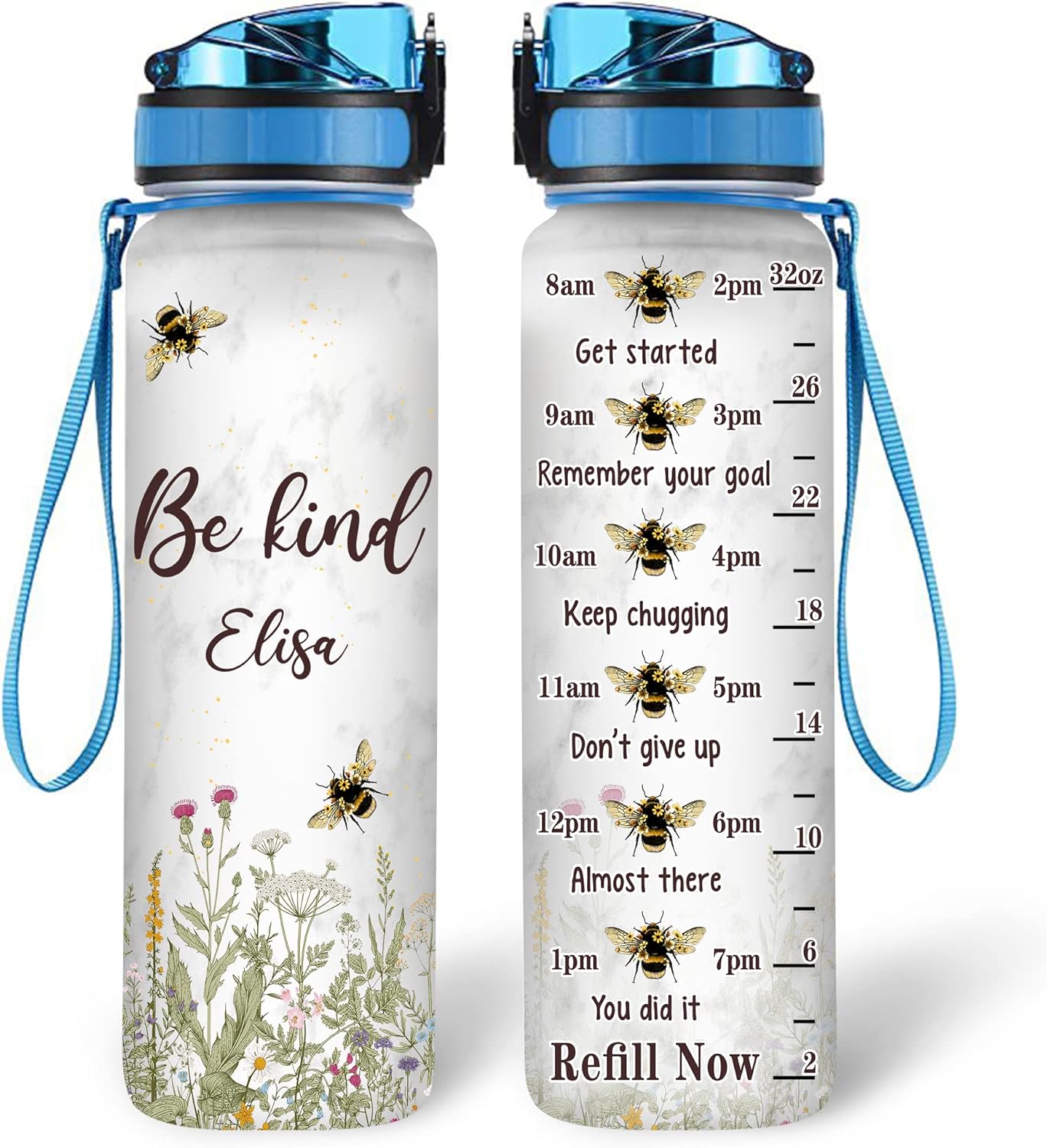 Bee Kind Water Bottle Tracker 32oz – Personalized Hydration Bottle with Time Marker – Inspiring Gift for Bee Lovers