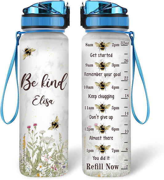 Bee Kind Water Bottle Tracker 32oz – Personalized Hydration Bottle with Time Marker – Inspiring Gift for Bee Lovers