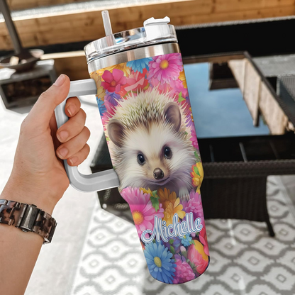 Hedgehog Lover Tumbler 40oz with Handle & Straw – Personalized Stainless Steel Insulated Cup with Lid – Cute Gift for Women & Girls