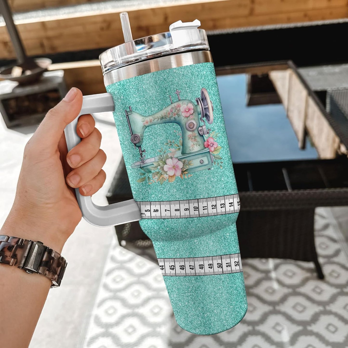 Teal Glitter Sewing Tumbler 40oz with Handle & Straw – Personalized Stainless Steel Insulated Travel Cup with Lid – Stylish Gift for Quilters & Crafters