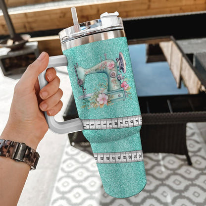 Teal Glitter Sewing Tumbler 40oz with Handle & Straw – Personalized Stainless Steel Insulated Travel Cup with Lid – Stylish Gift for Quilters & Crafters