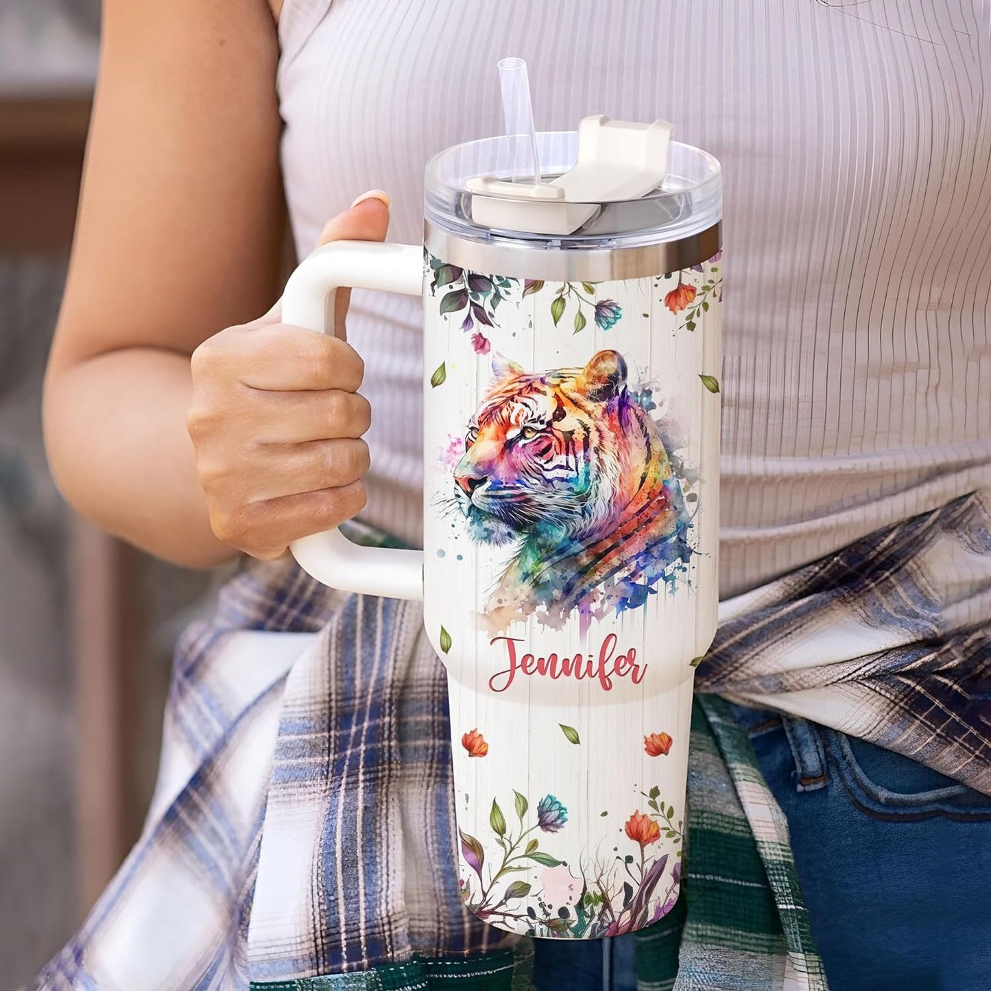 Watercolor Tiger Tumbler 40oz – Personalized Stainless Steel Insulated Cup with Handle & Straw – Artistic Gift for Tiger Lovers