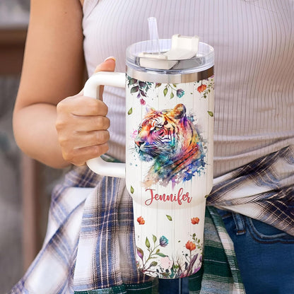 Watercolor Tiger Tumbler 40oz – Personalized Stainless Steel Insulated Cup with Handle & Straw – Artistic Gift for Tiger Lovers