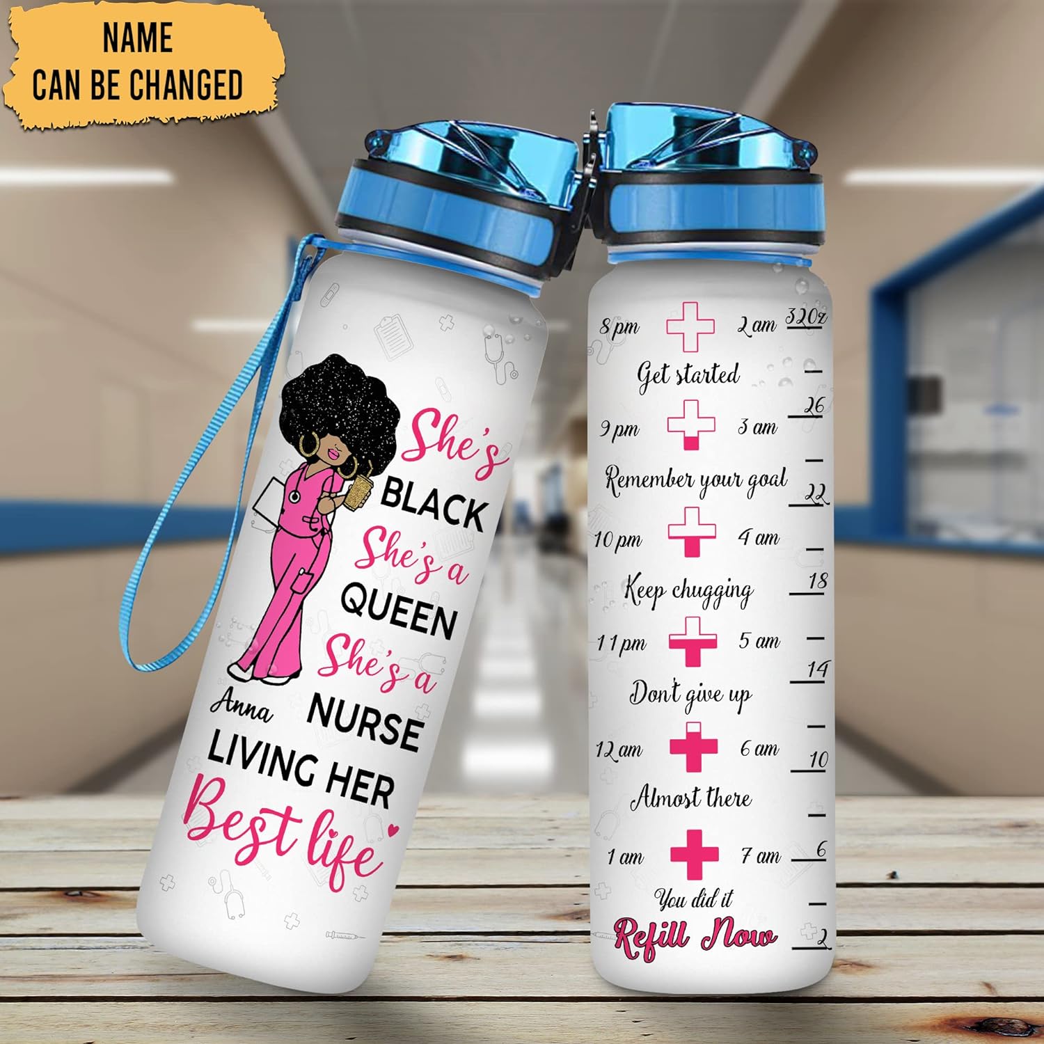 She's a Black Queen and Nurse - Personalized Water Tracker Bottle 32oz