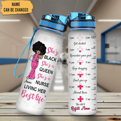 She's A Black Nurse Queen - Personalized Water Tracker Bottle 32oz