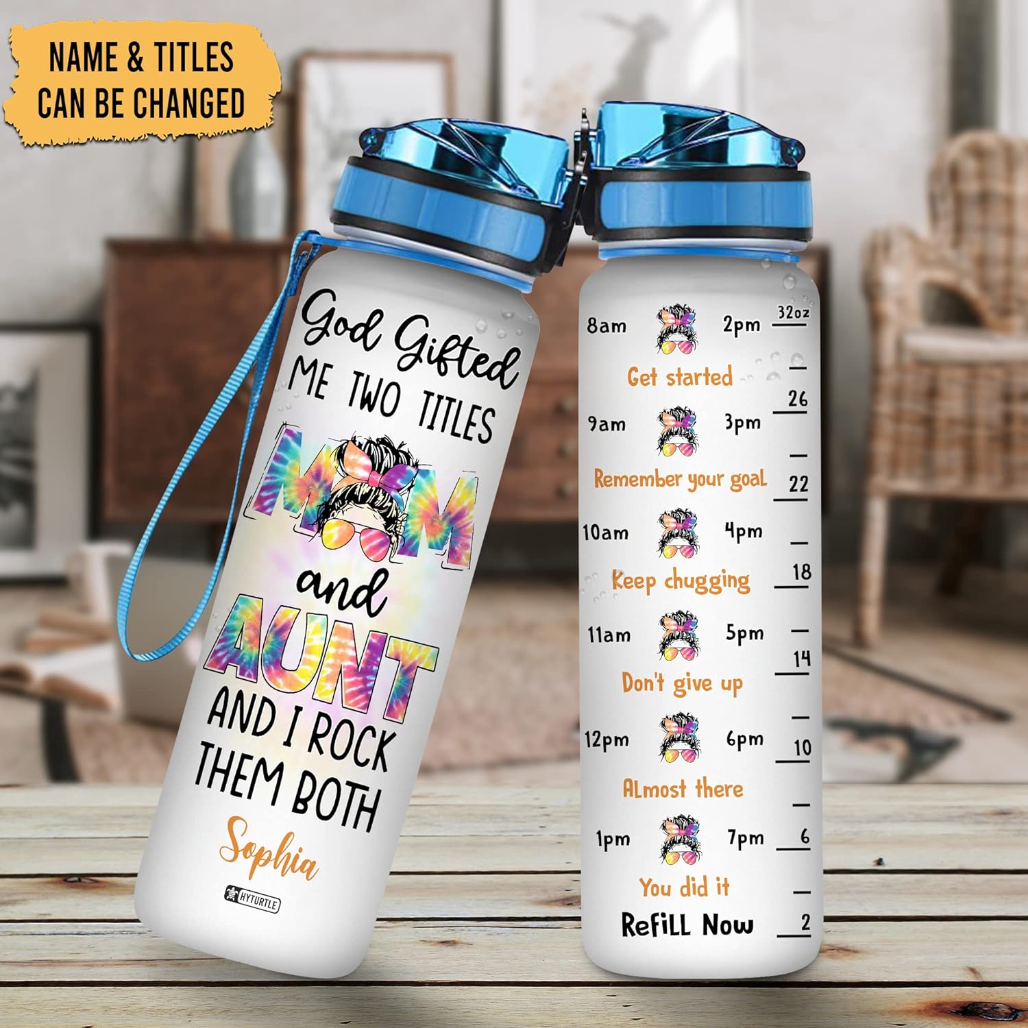 God Gifted Me Two Titles Mom And Aunt - Personalized Water Tracker Bottle 32oz