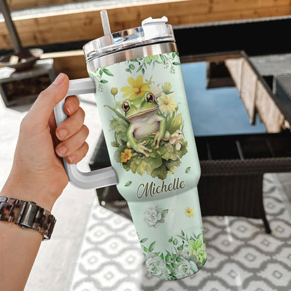 Floral Frog Tumbler 40oz with Handle & Straw – Personalized Stainless Steel Insulated Travel Cup with Lid – Fun Gift for Frog Lovers