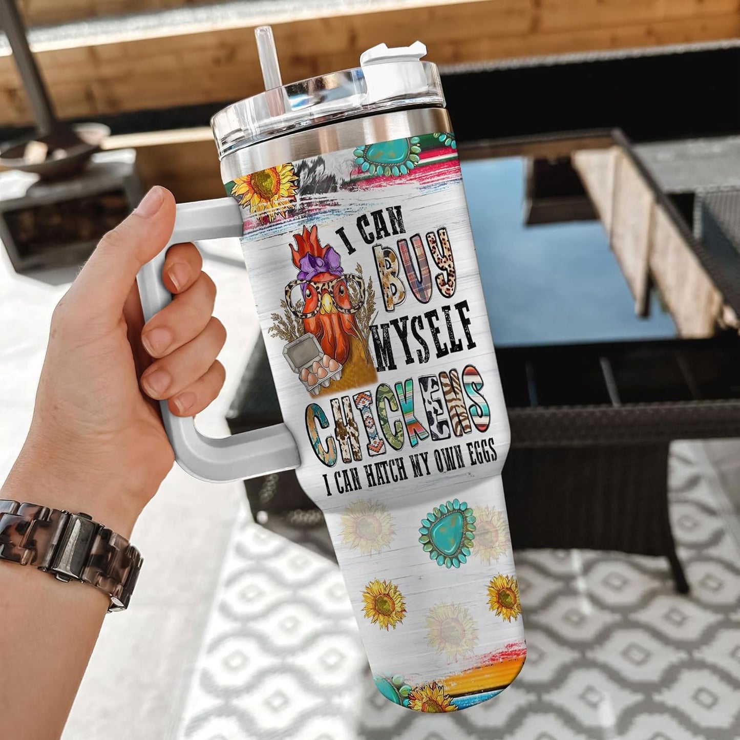Sunflower Chicken Tumbler 40oz with Handle & Straw – Personalized Stainless Steel Insulated Travel Cup with Lid – Stylish Gift for Farm Animal Lovers