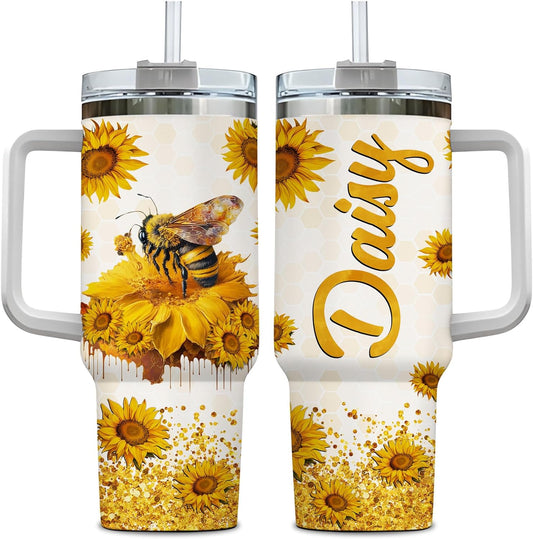 Sunflower Bee Tumbler 40oz with Handle & Straw – Personalized Stainless Steel Insulated Travel Cup with Lid – Unique Gift for Bee Lovers