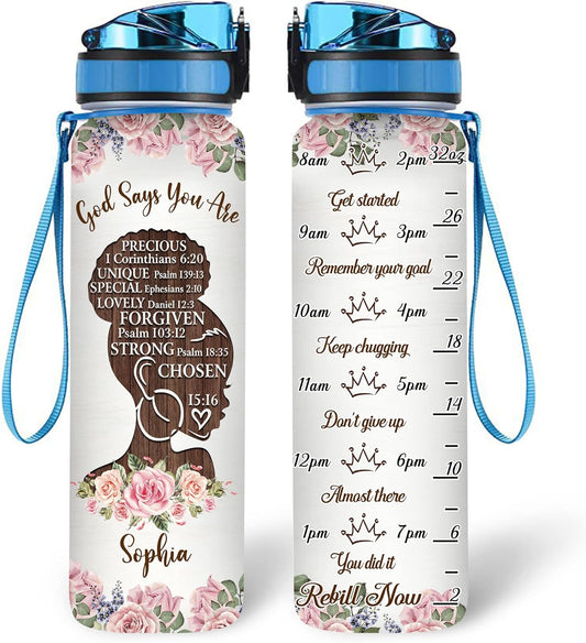 God Says You Are Water Bottle Tracker 32oz – Personalized Inspirational Gift for Black Women & Christian Faith Lovers