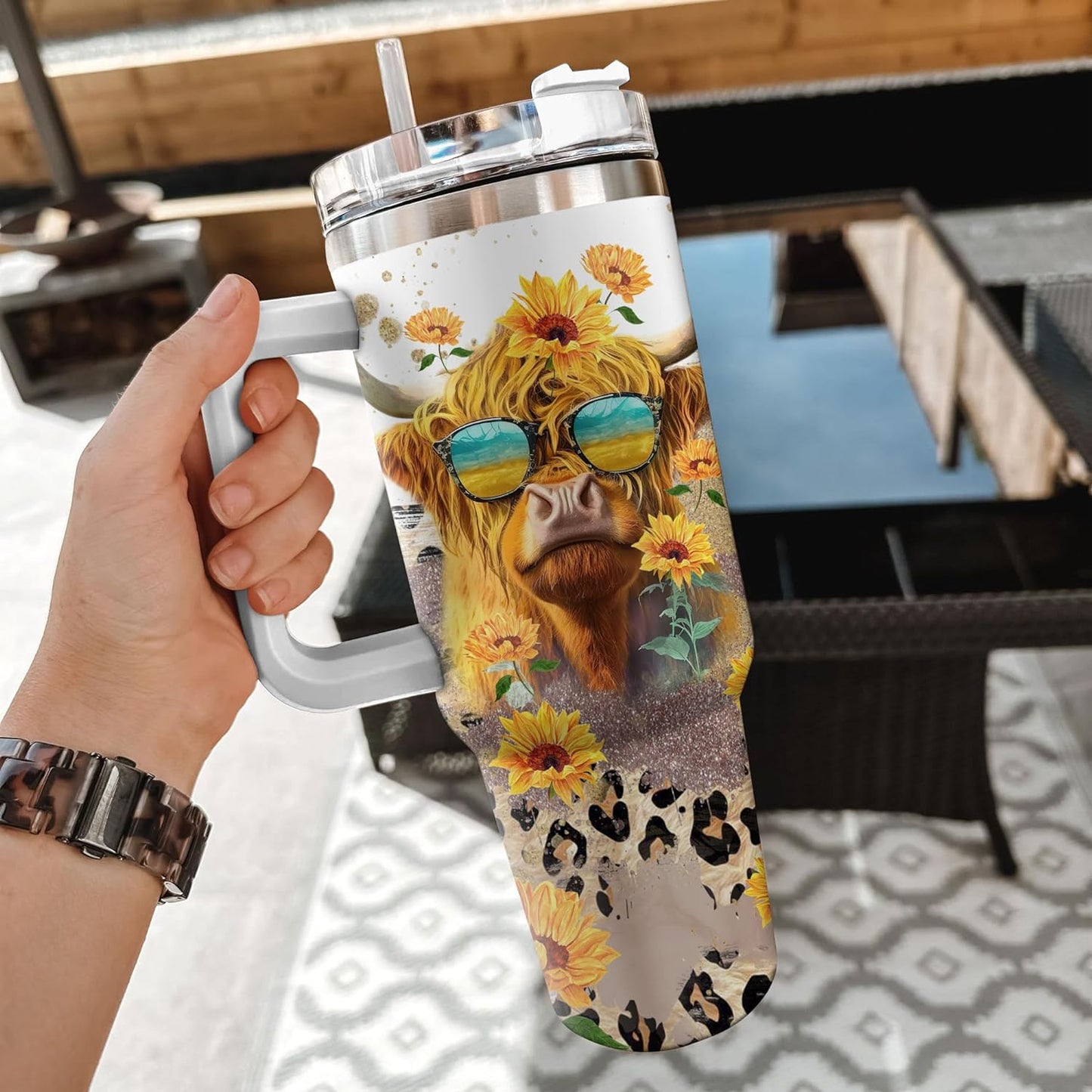 Sunflower Highland Cow Tumbler 40oz with Handle & Straw – Personalized Stainless Steel Travel Cup with Lid – Creative Gift for Animal Lovers