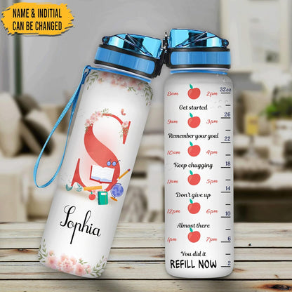 Teacher Theme Water Bottle Tracker 32oz – Personalized Motivational Bottle with Time Marker – Unique Gift for Teachers