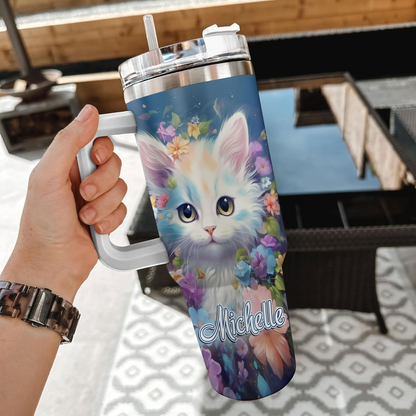 Cat Lover Tumbler 40oz with Handle & Straw – Personalized Stainless Steel Insulated Cup with Lid – Cute Birthday & Christmas Gift for Women & Girls