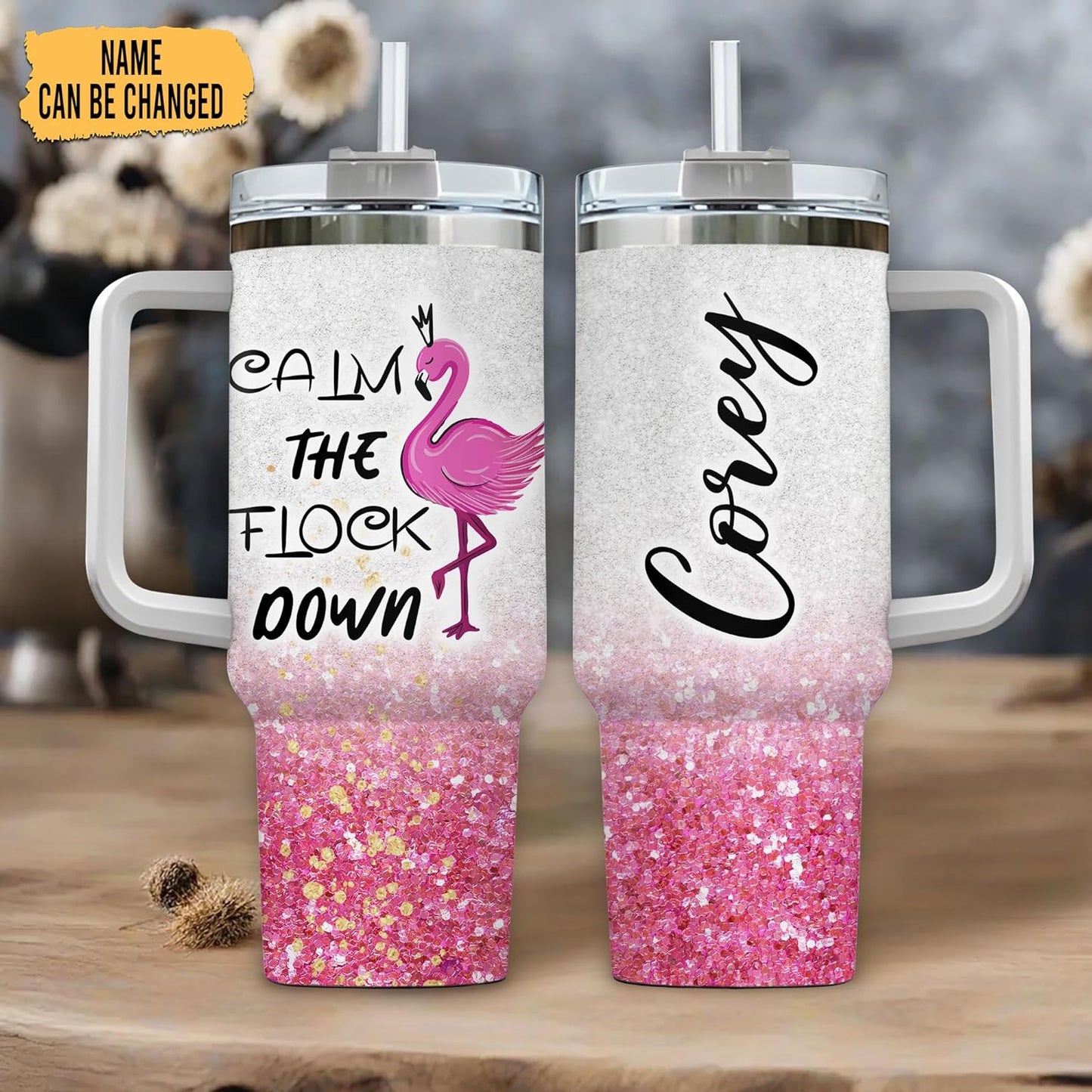 Flamingo Glitter Tumbler 40oz with Handle & Straw – Personalized Stainless Steel Insulated Cup with Lid – Fun Gift for Flamingo Lovers